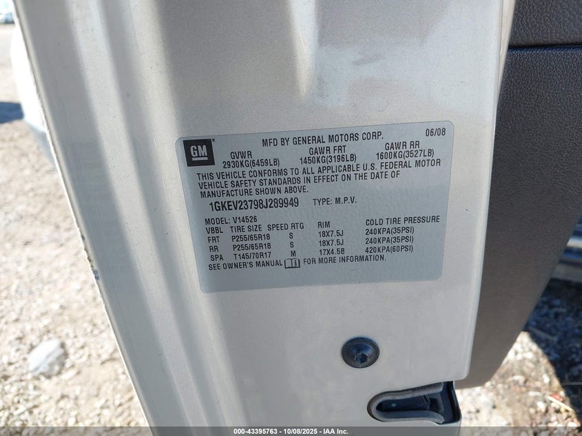 2008 GMC Acadia Slt-1 VIN: 1GKEV23798J289949 Lot: 43395763