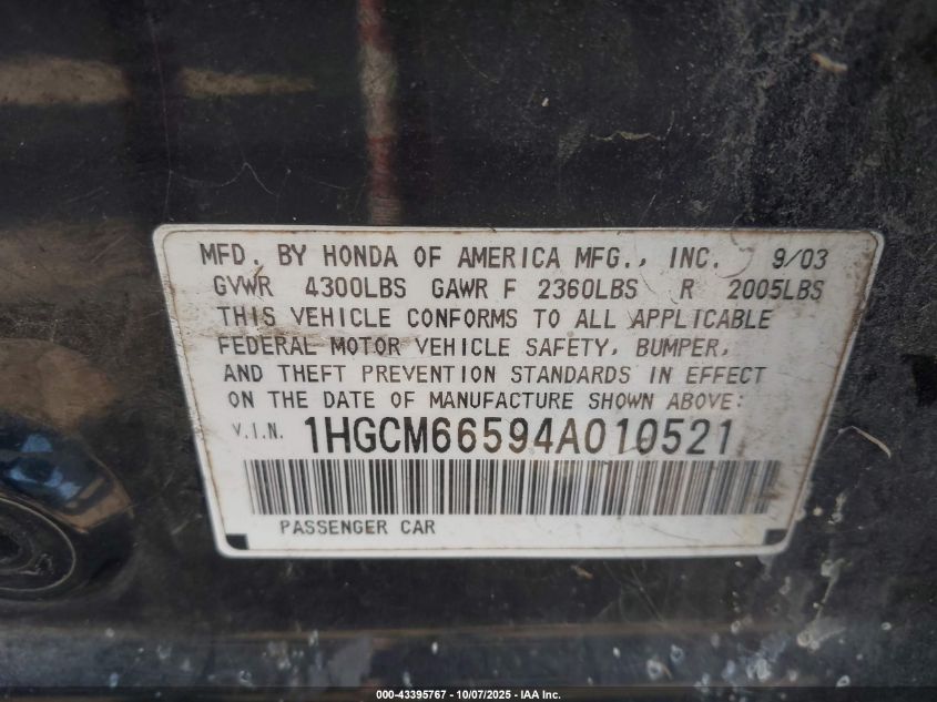 2004 Honda Accord 3.0 Ex VIN: 1HGCM66594A010521 Lot: 43395767