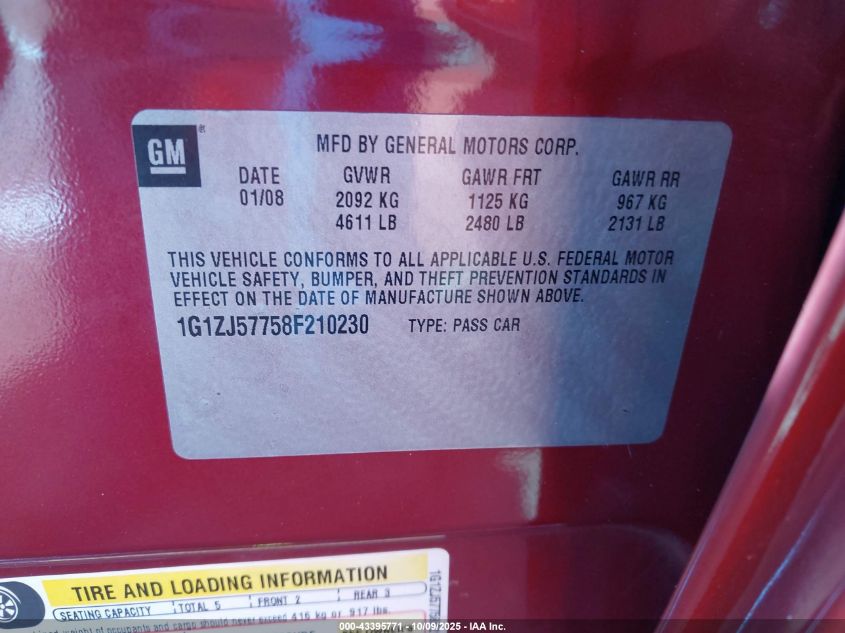 2008 Chevrolet Malibu Lt VIN: 1G1ZJ57758F210230 Lot: 43395771