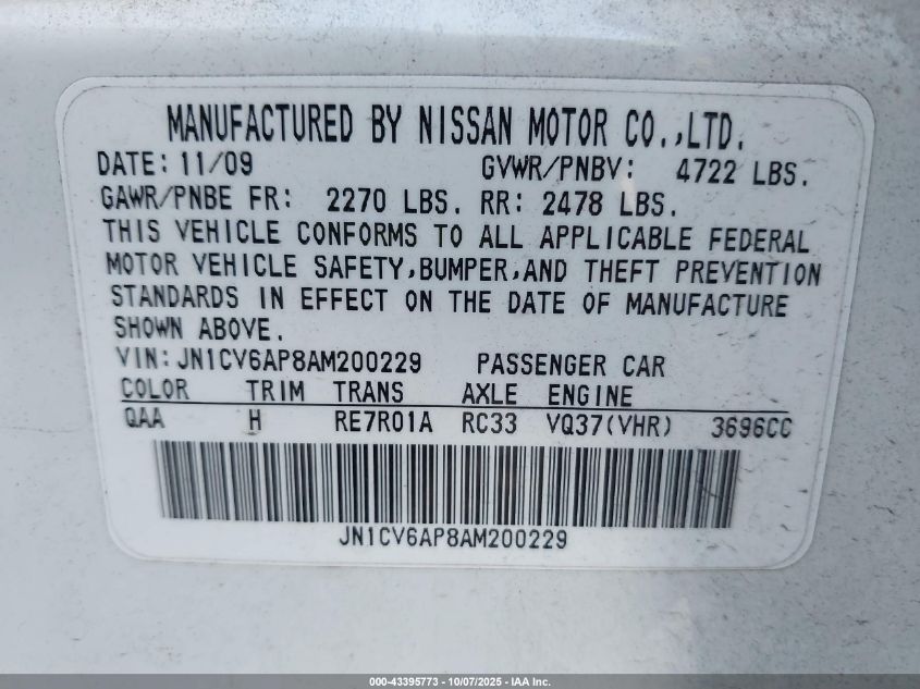 2010 Infiniti G37 Journey VIN: JN1CV6AP8AM200229 Lot: 43395773