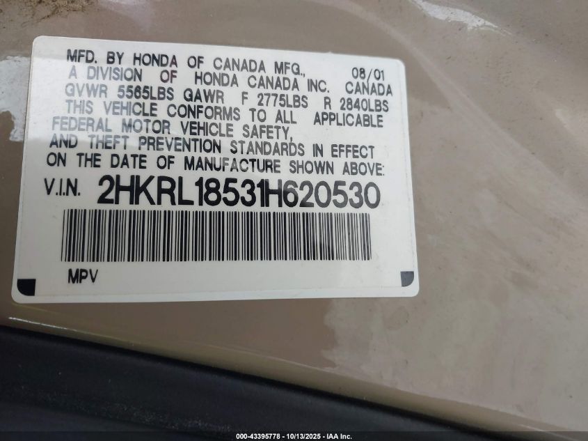2001 Honda Odyssey Lx VIN: 2HKRL18531H620530 Lot: 43395778