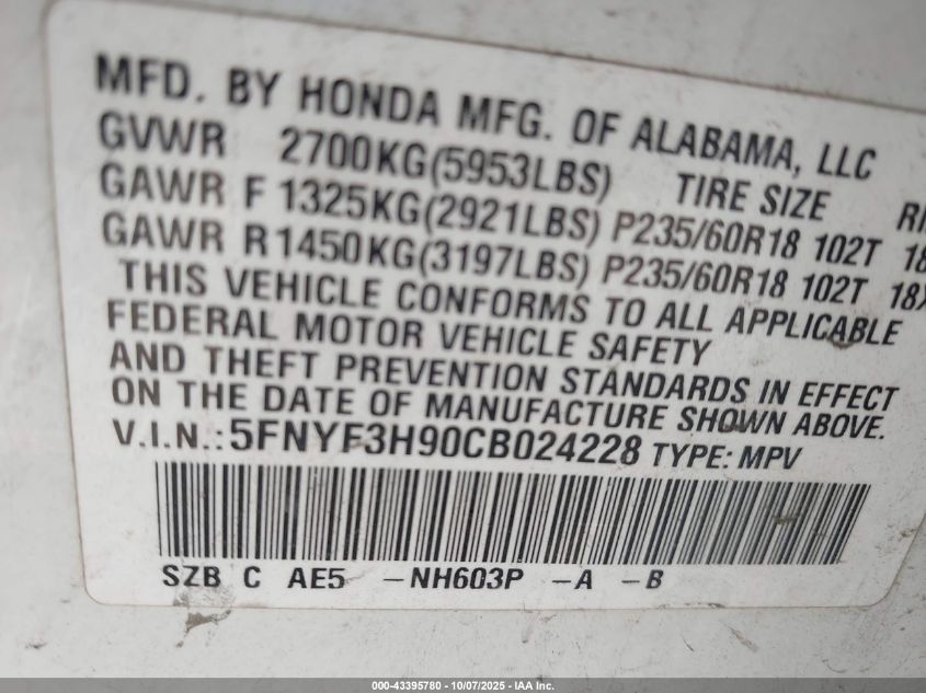2012 Honda Pilot Touring VIN: 5FNYF3H90CB024228 Lot: 43395780