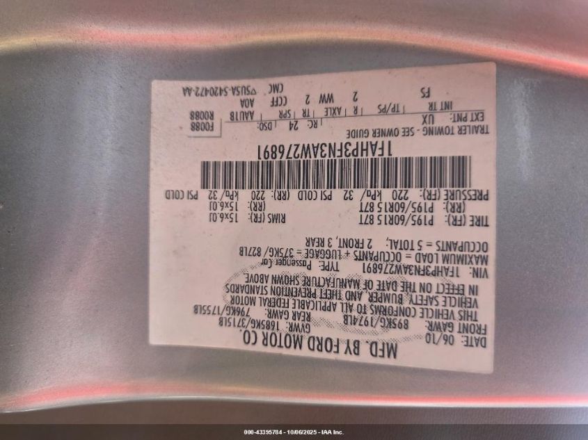 2010 Ford Focus Se VIN: 1FAHP3FN3AW276891 Lot: 43395784