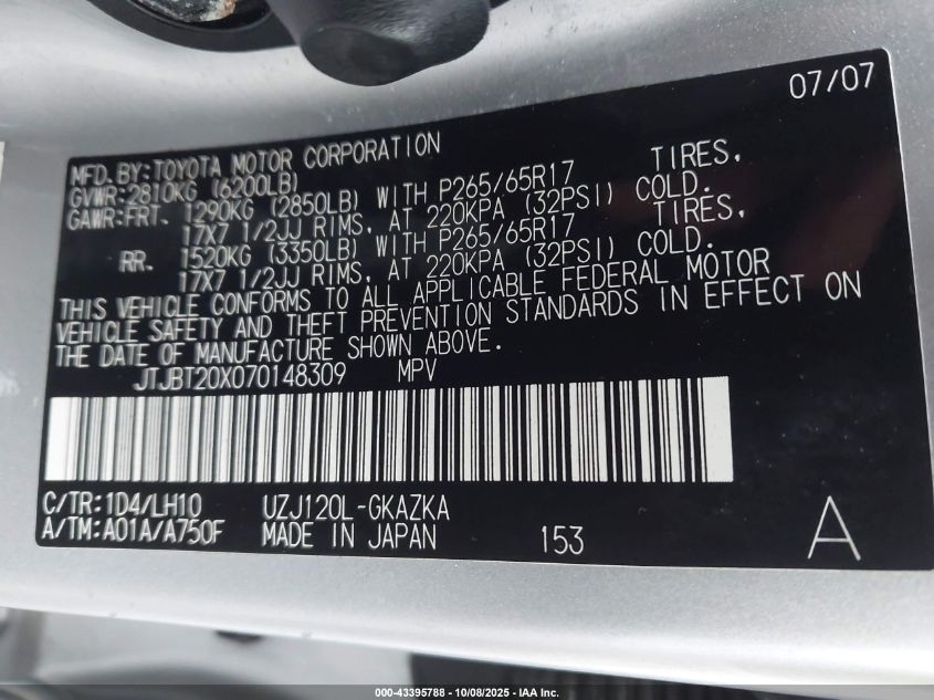 2007 Lexus Gx 470 VIN: JTJBT20X070148309 Lot: 43395788