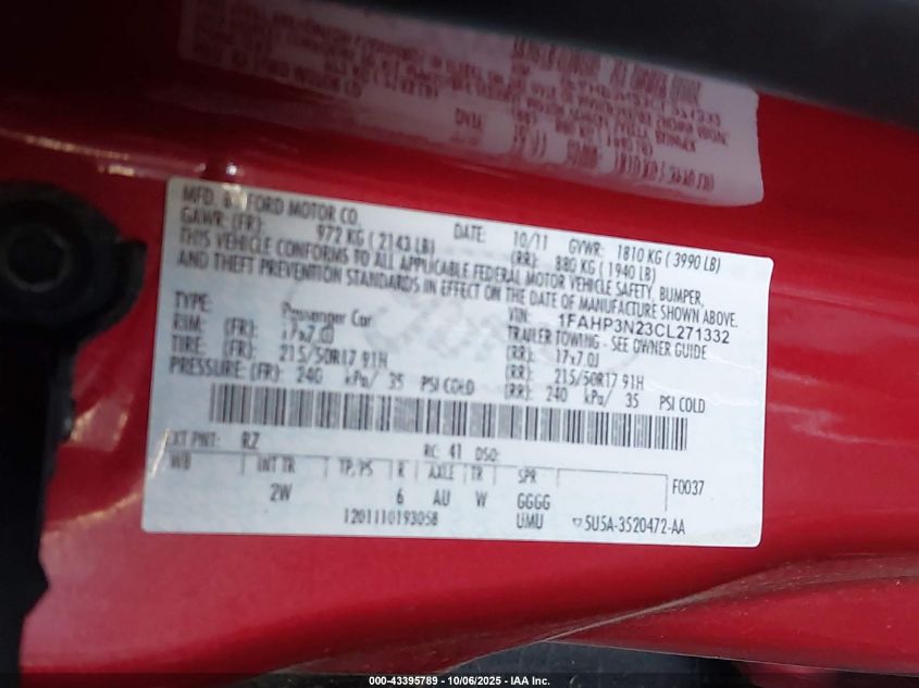 2012 Ford Focus Titanium VIN: 1FAHP3N23CL271332 Lot: 43395789