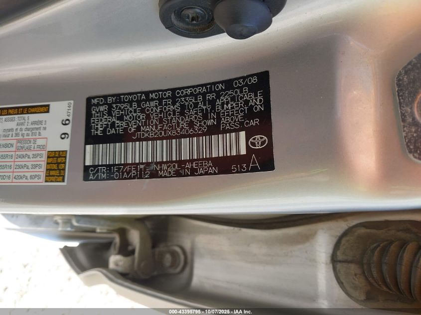 2008 Toyota Prius Touring VIN: JTDKB20UX83406329 Lot: 43395795