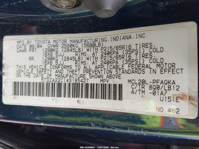 2004 Toyota Sienna Xle VIN: 5TDZA22C14S185427 Lot: 43395802