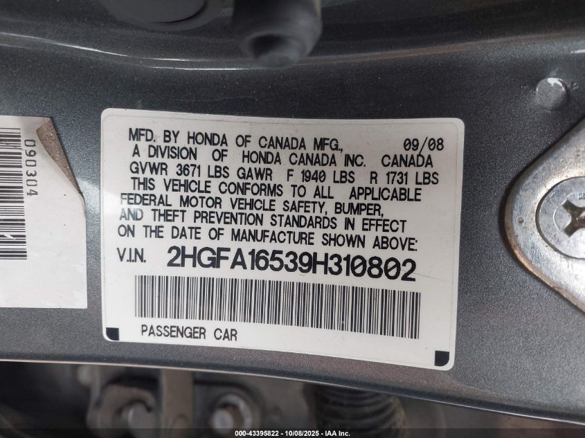 2009 Honda Civic Lx VIN: 2HGFA16539H310802 Lot: 43395822