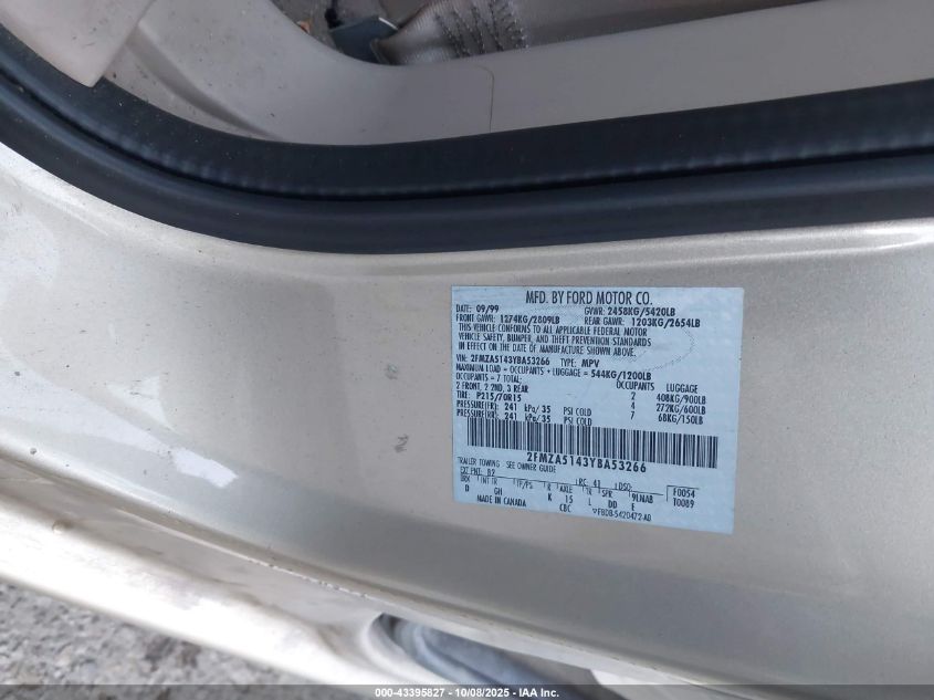 2000 Ford Windstar Lx VIN: 2FMZA5143YBA53266 Lot: 43395827