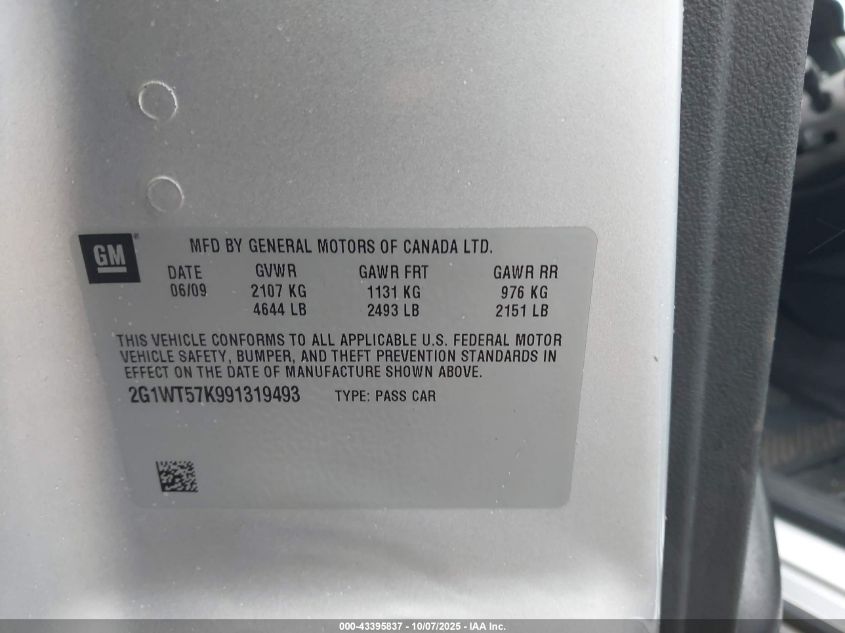 2009 Chevrolet Impala Lt VIN: 2G1WT57K991319493 Lot: 43395837