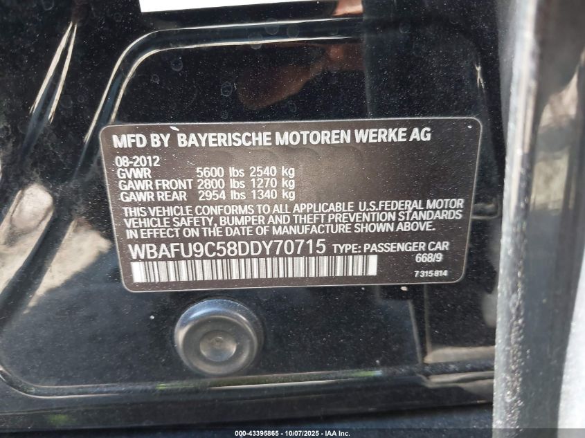 2013 BMW 550I xDrive VIN: WBAFU9C58DDY70715 Lot: 43395865