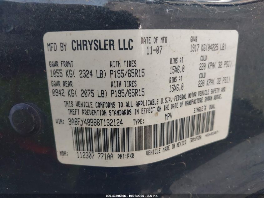 2008 Chrysler Pt Cruiser Lx VIN: 3A8FY48B88T132124 Lot: 43395866