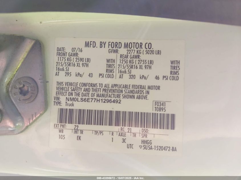 2017 Ford Transit Connect Xl VIN: NM0LS6E77H1296492 Lot: 43395872