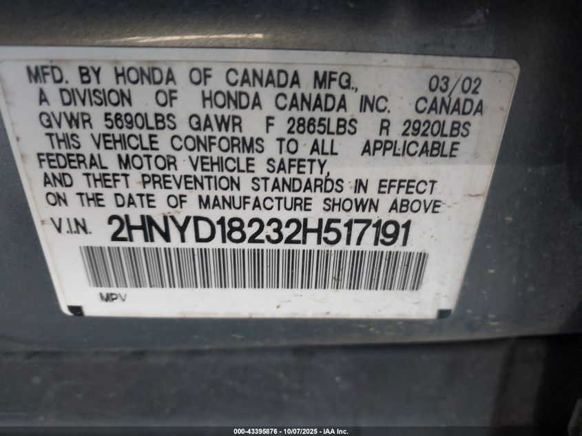 2002 Acura Mdx VIN: 2HNYD18232H517191 Lot: 43395876