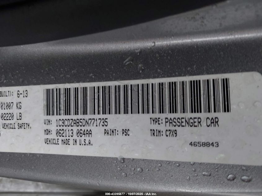 2013 Dodge Avenger Se VIN: 1C3CDZAB5DN771735 Lot: 43395877