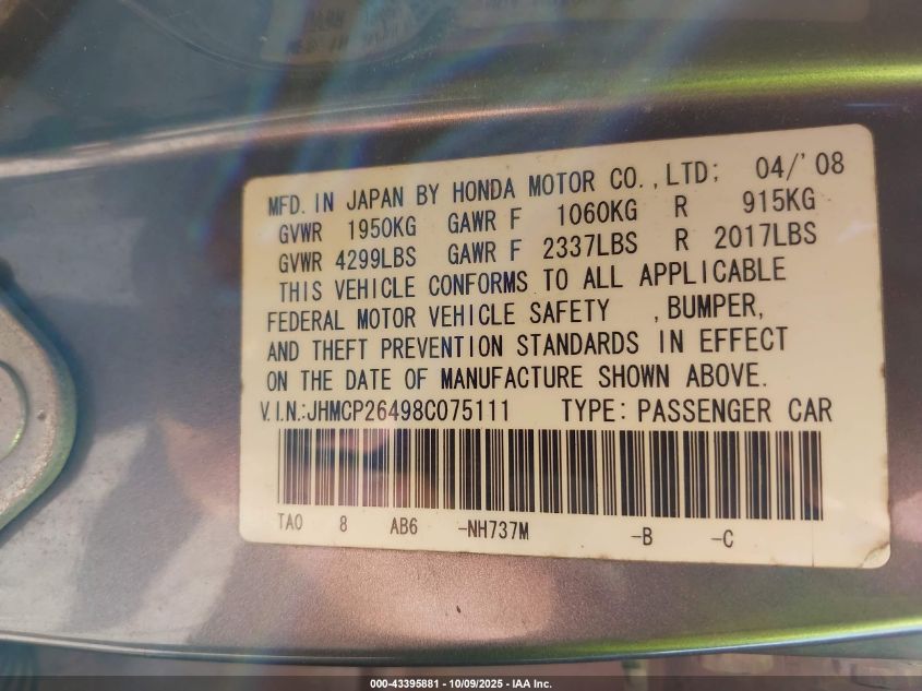 2008 Honda Accord 2.4 Lx-P VIN: JHMCP26498C075111 Lot: 43395881