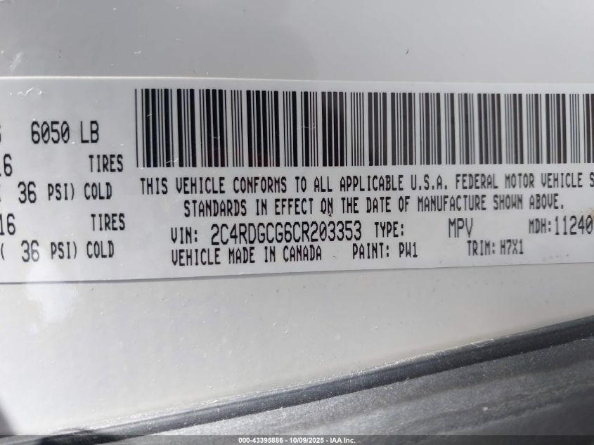 2012 Dodge Grand Caravan Sxt VIN: 2C4RDGCG6CR203353 Lot: 43395886