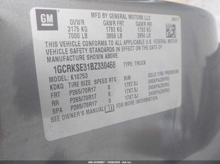 2011 Chevrolet Silverado 1500 Lt VIN: 1GCRKSE31BZ330468 Lot: 43395887