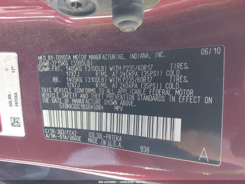 2011 Toyota Sienna Le V6 VIN: 5TDKK3DC1BS045084 Lot: 43395901