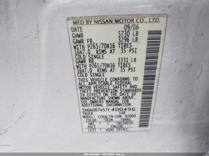 1N6AD07U57C400496 2007 NISSAN NAVARA (FRONTIER) photo no. 9