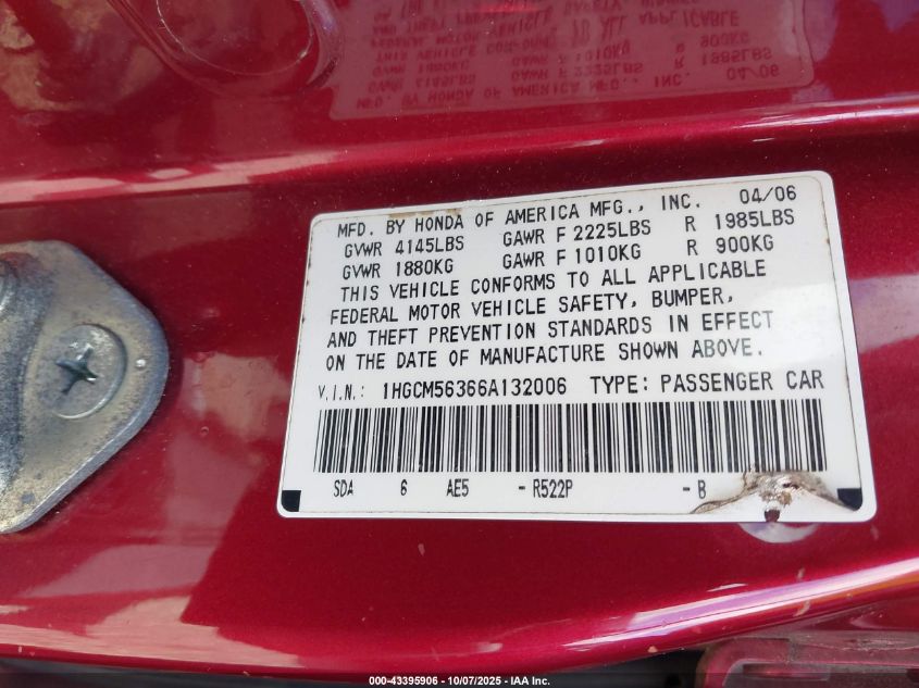 2006 Honda Accord 2.4 Se VIN: 1HGCM56366A132006 Lot: 43395906