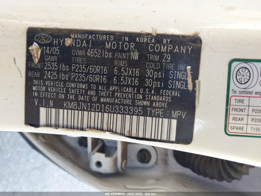 2006 Hyundai Tucson Gls/Limited VIN: KM8JN12D164333395 Lot: 43395918