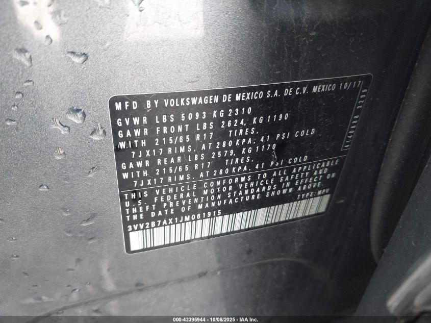 2018 Volkswagen Tiguan 2.0T Se/2.0T Sel VIN: 3VV2B7AX1JM061915 Lot: 43395944