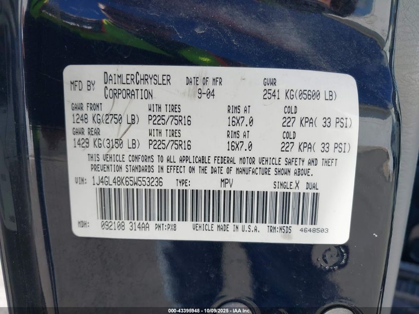 2005 Jeep Liberty Sport VIN: 1J4GL48K65W553236 Lot: 43395948