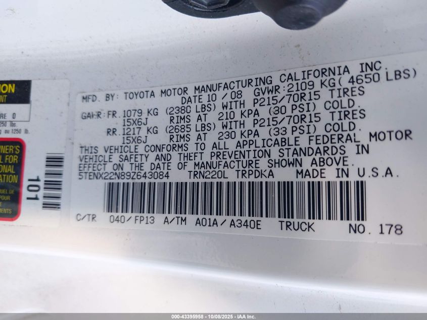 2009 Toyota Tacoma VIN: 5TENX22N89Z643084 Lot: 43395958