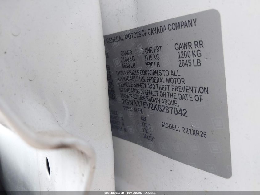 2019 Chevrolet Equinox Lt VIN: 2GNAXTEV2K6287042 Lot: 43395959