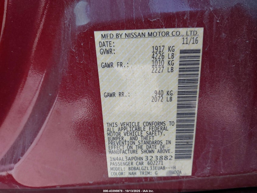 2017 NISSAN ALTIMA 2.5 S 1N4AL3AP0HN323882