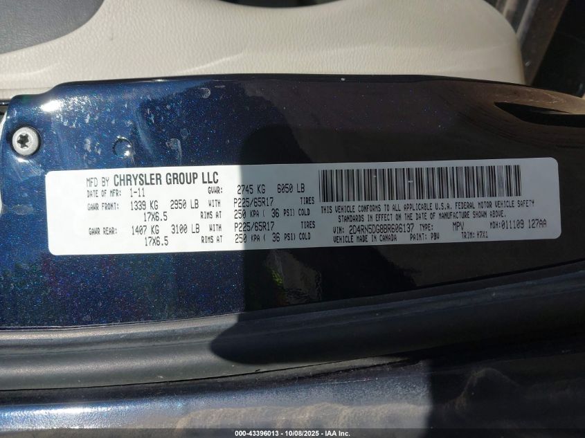 2011 Dodge Grand Caravan Crew VIN: 2D4RN5DG8BR606137 Lot: 43396013