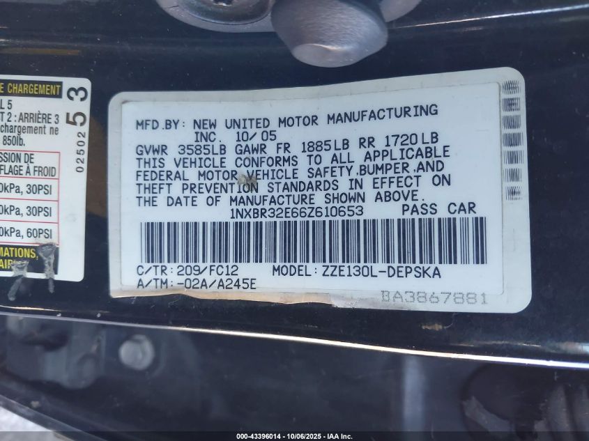 2006 Toyota Corolla S VIN: 1NXBR32E66Z610653 Lot: 43396014