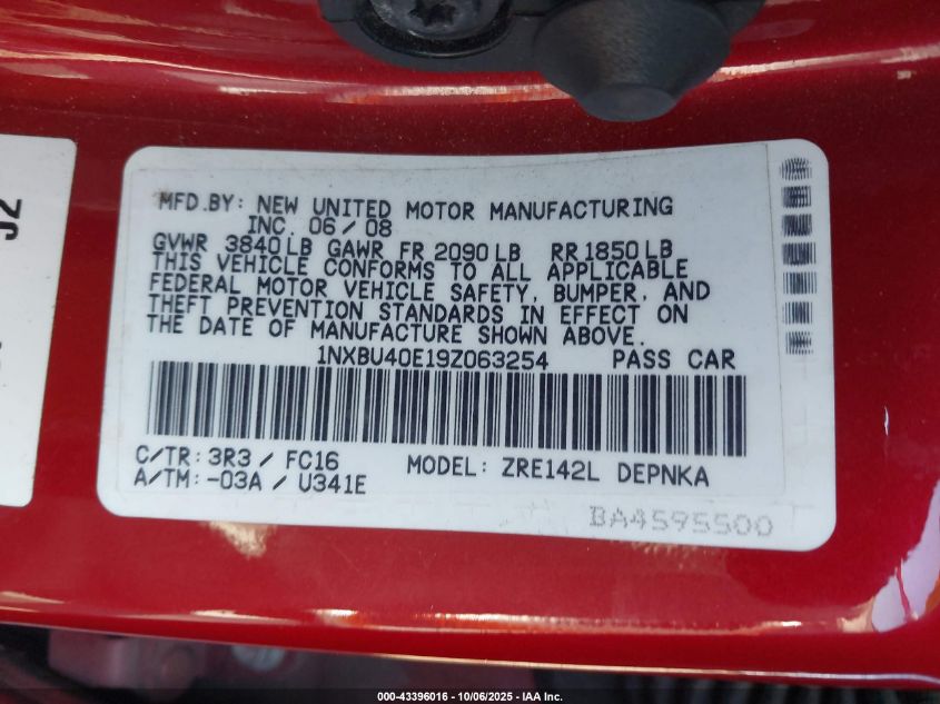 2009 Toyota Corolla Xle VIN: 1NXBU40E19Z063254 Lot: 43396016