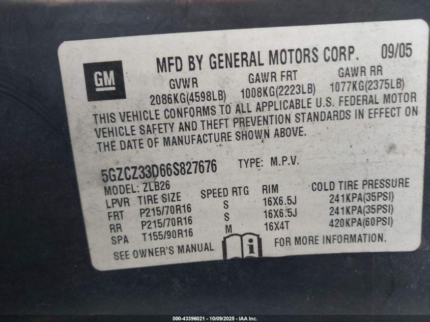 2006 Saturn Vue 4 Cyl VIN: 5GZCZ33D66S827676 Lot: 43396021