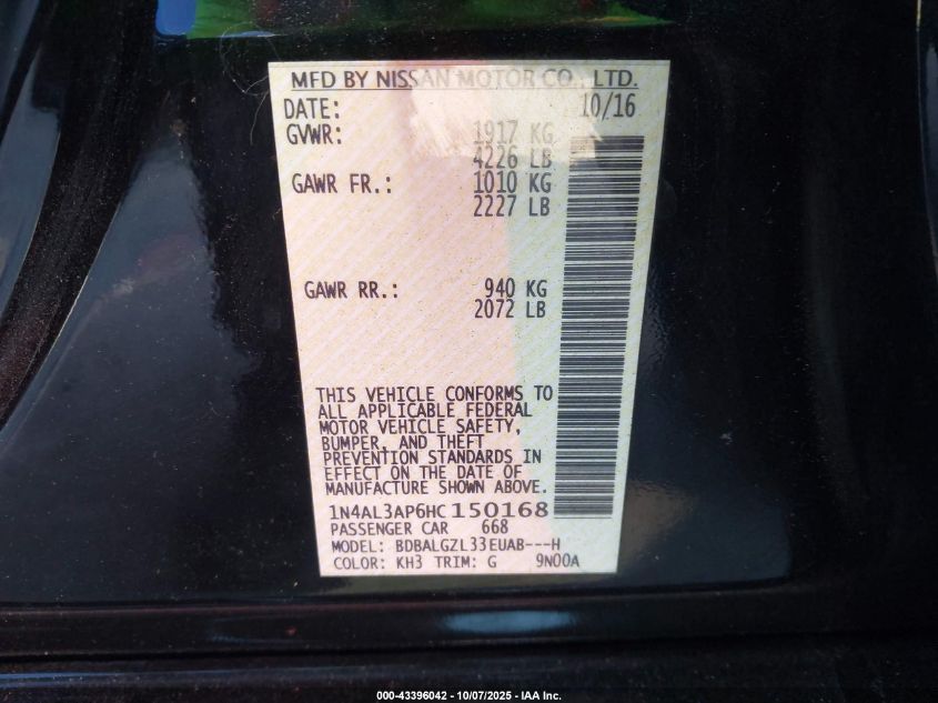 2017 Nissan Altima 2.5 S VIN: 1N4AL3AP6HC150168 Lot: 43396042