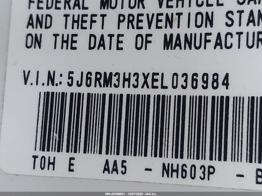 2014 Honda Cr-V Lx VIN: 5J6RM3H3XEL036984 Lot: 43396051