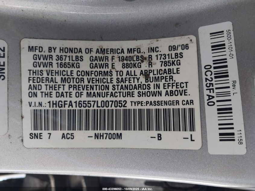 2007 Honda Civic Lx VIN: 1HGFA16557L007052 Lot: 43396053