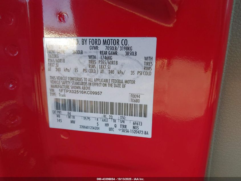 2006 Ford F-150 Xlt VIN: 1FTPX02516KC09957 Lot: 43396054