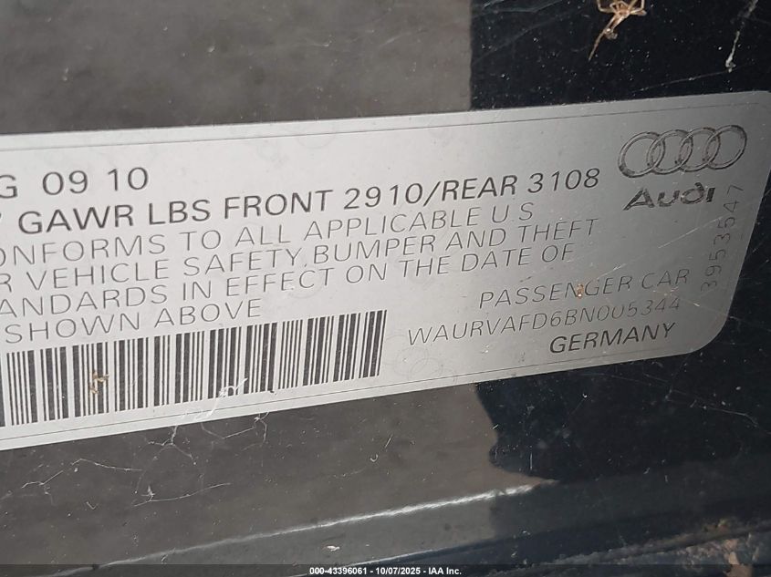 2011 Audi A8 L 4.2 VIN: WAURVAFD6BN005344 Lot: 43396061