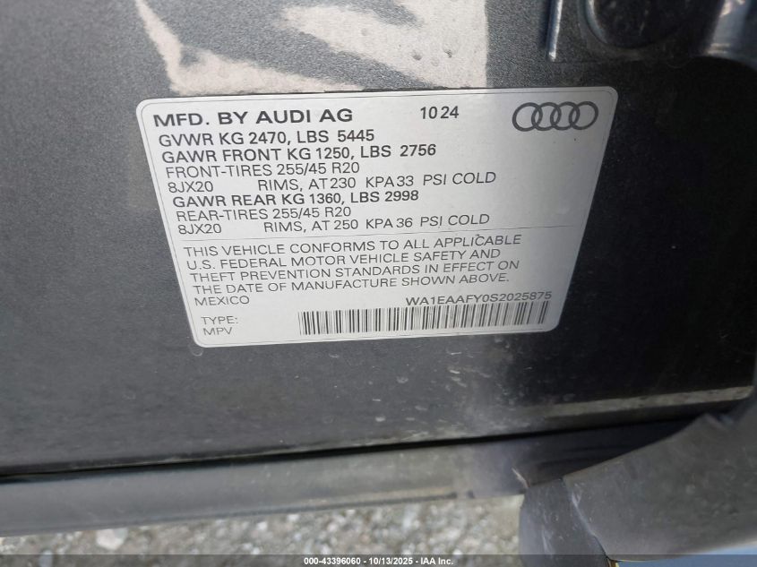 2025 Audi Q5 Premium Plus 45 Tfsi S Line Quattro S Tronic VIN: WA1EAAFY0S2025875 Lot: 43396060
