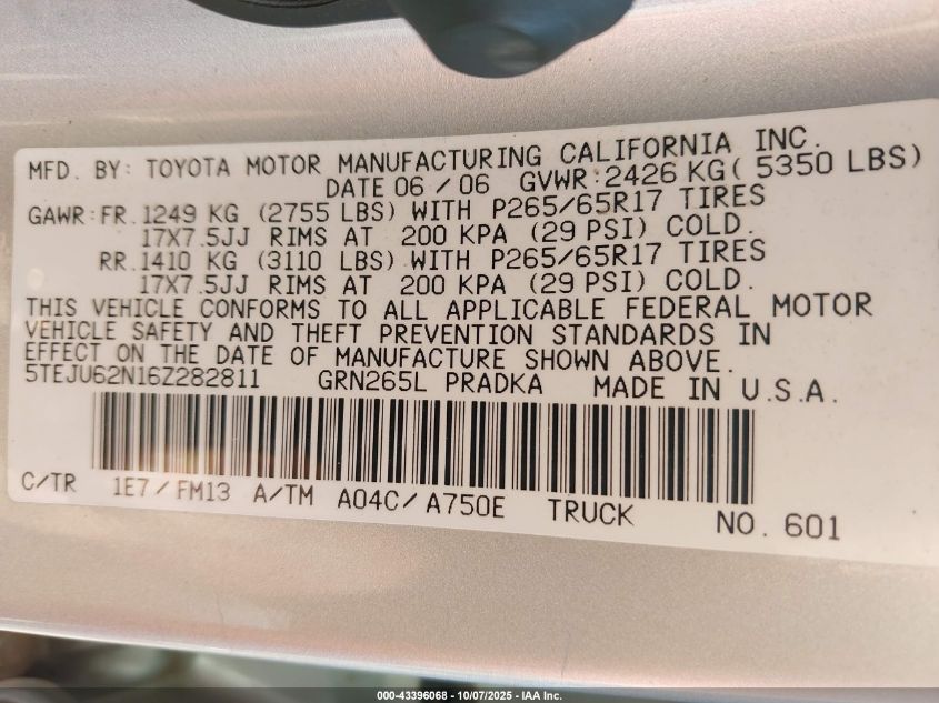 2006 Toyota Tacoma Prerunner V6 VIN: 5TEJU62N16Z282811 Lot: 43396068