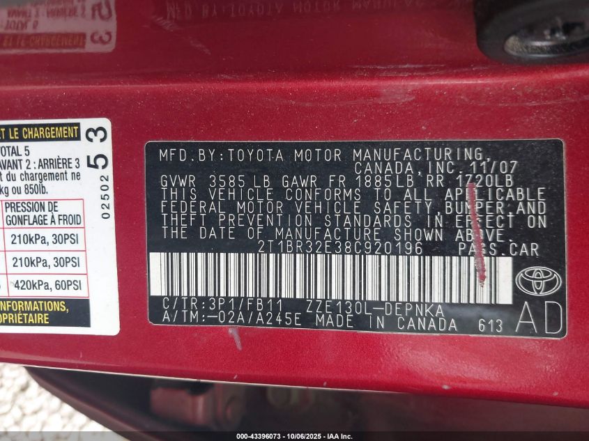 2008 Toyota Corolla Le VIN: 2T1BR32E38C920196 Lot: 43396073