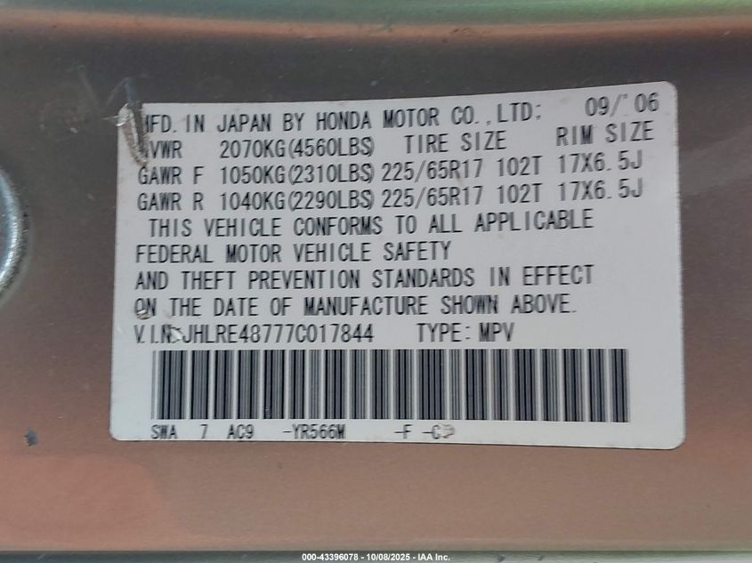 2007 Honda Cr-V Ex-L VIN: JHLRE48777C017844 Lot: 43396078