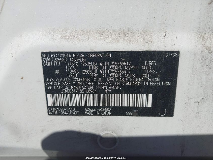 2008 Toyota Rav4 Limited VIN: JTMBD31V185168964 Lot: 43396085