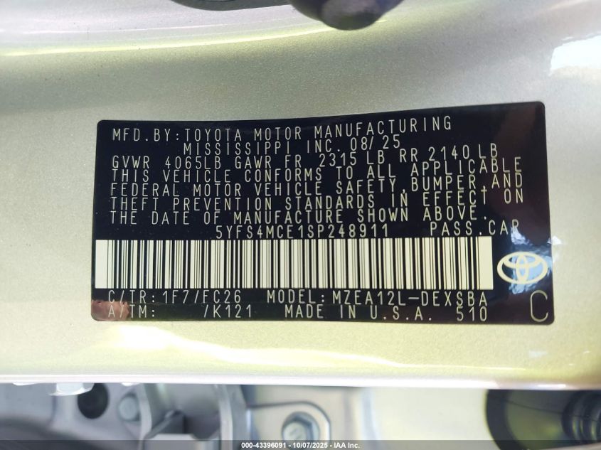 2025 Toyota Corolla Se VIN: 5YFS4MCE1SP248911 Lot: 43396091