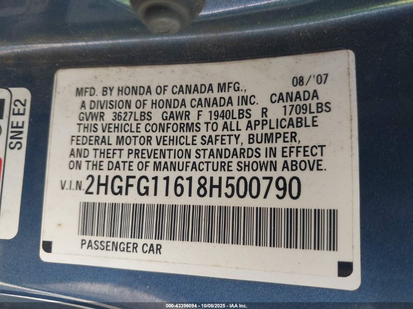 2008 Honda Civic Lx VIN: 2HGFG11618H500790 Lot: 43396094