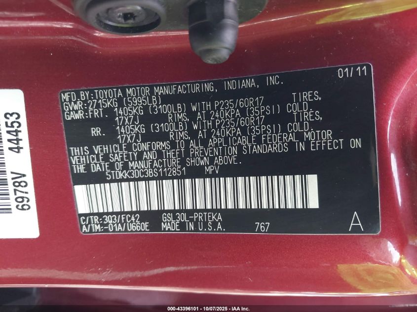 2011 Toyota Sienna Le V6 VIN: 5TDKK3DC3BS112851 Lot: 43396101