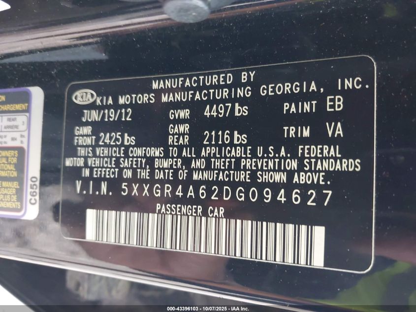 2013 Kia Optima Sx VIN: 5XXGR4A62DG094627 Lot: 43396103