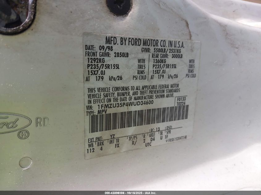 1998 Ford Explorer Eddie Bauer/Limited/Xlt VIN: 1FMZU35P4WUD34600 Lot: 43396104